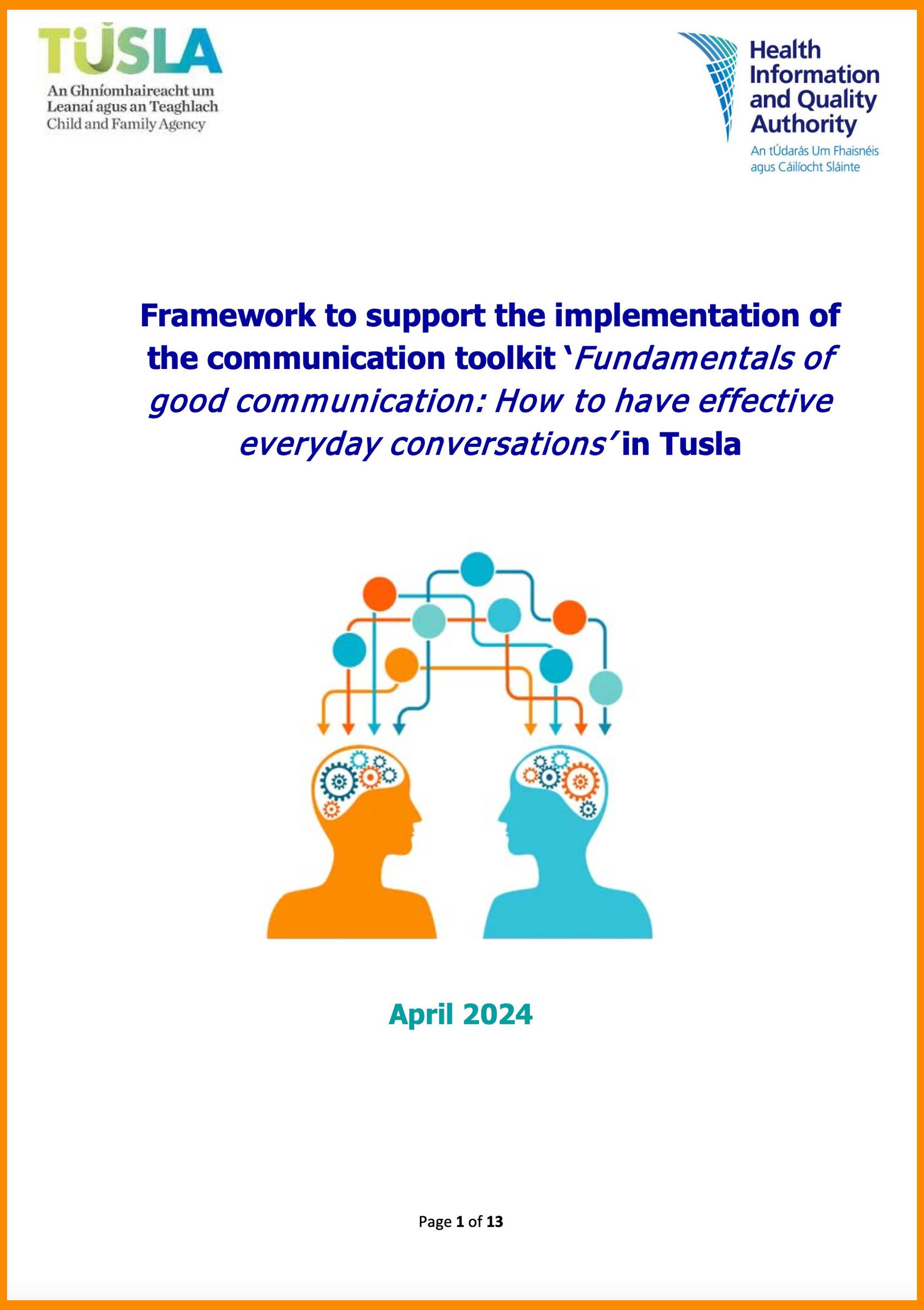 Framework to support the implementation of the communication toolkit ‘Fundamentals of good communication: How to have effective everyday conversations’ in Tusla