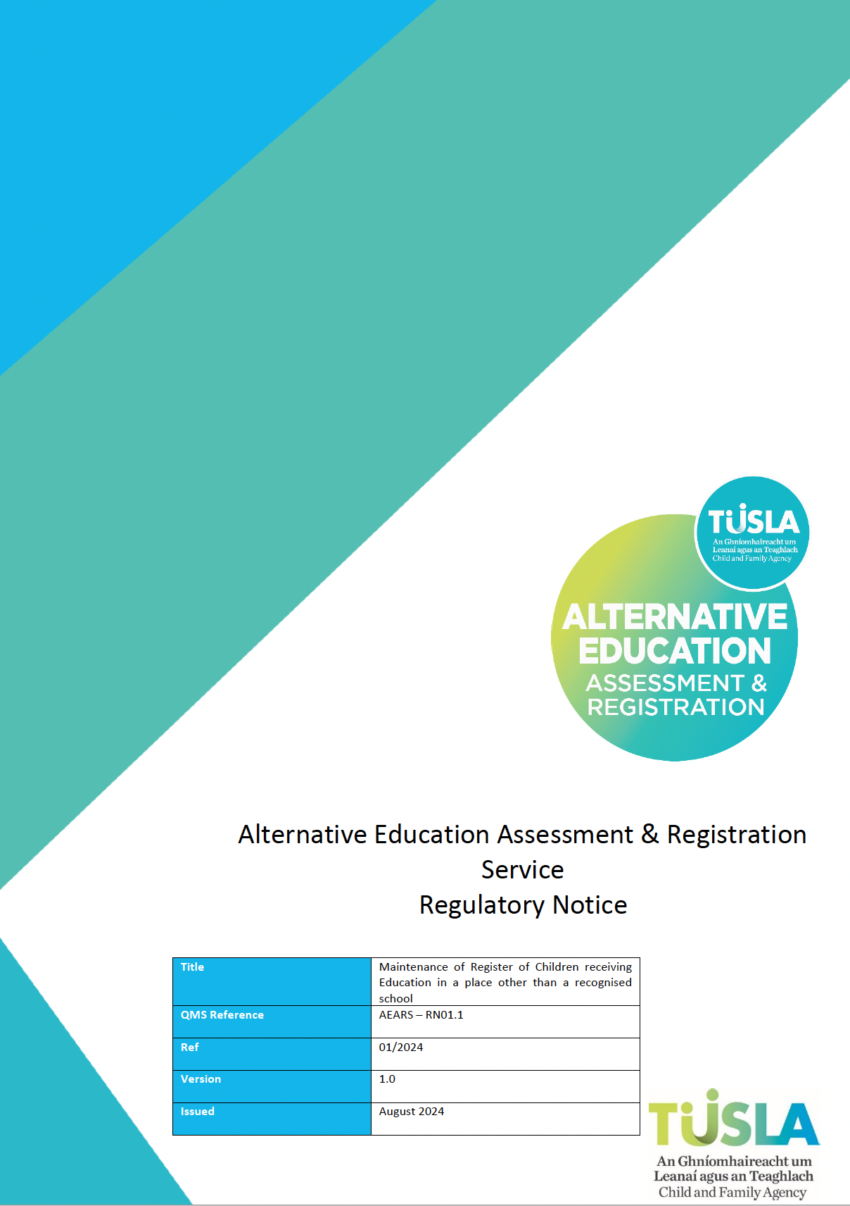 Maintenance of Register of Children receiving Education in a place other than a recognised school - Cover