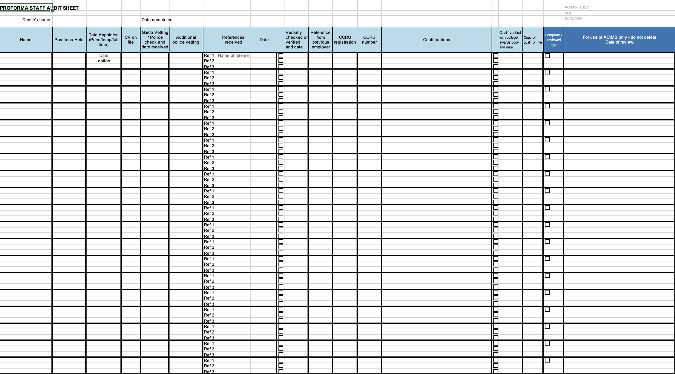 Pro Forma Staff Audit Sheet