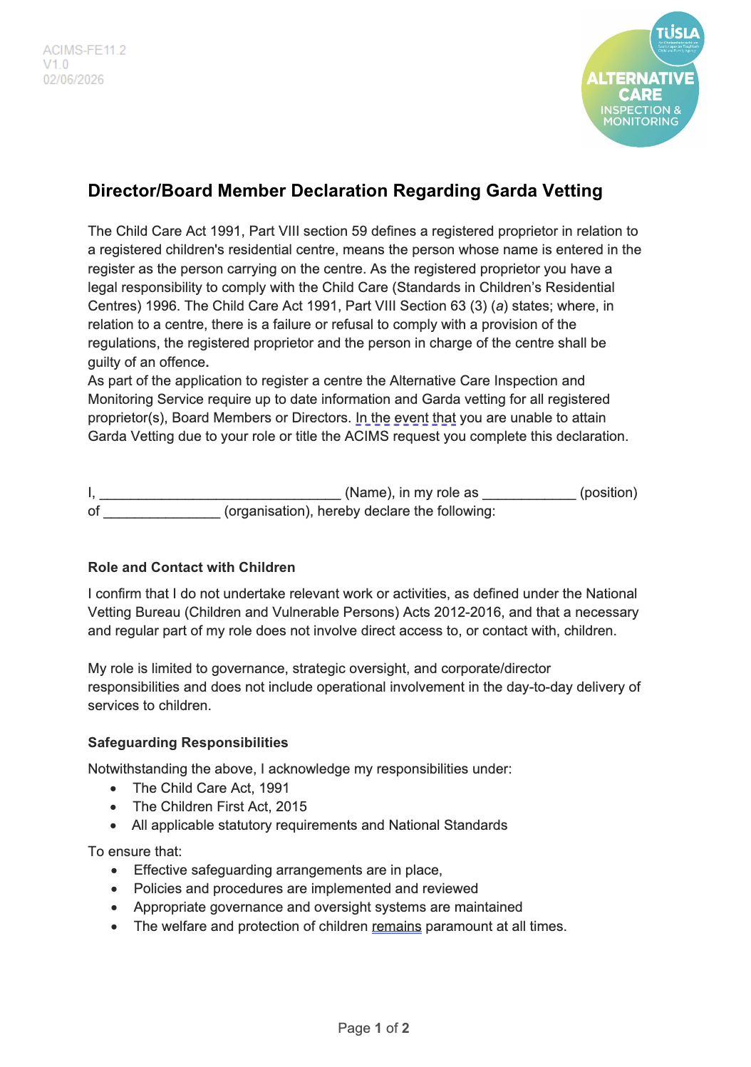 Director or Board Member Declaration regarding Garda Vetting